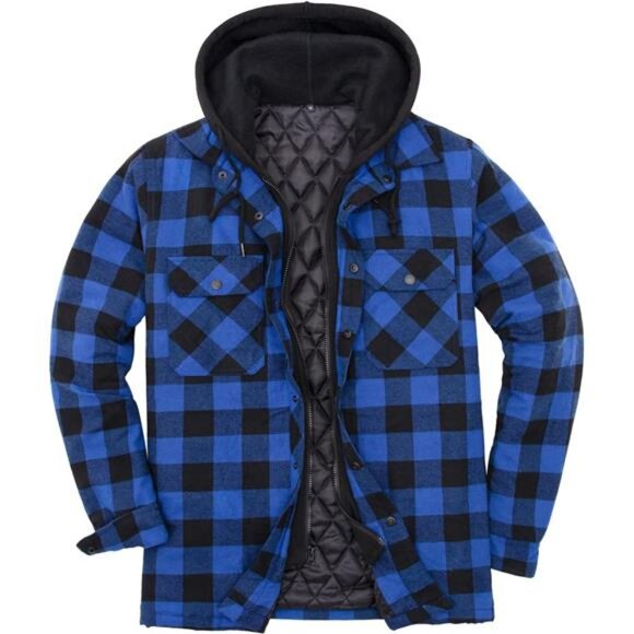 Men's Thicken Plaid Hooded Flannel Shirt Jacket Quilted Lined Full Zip Classic B - Picture 1 of 1